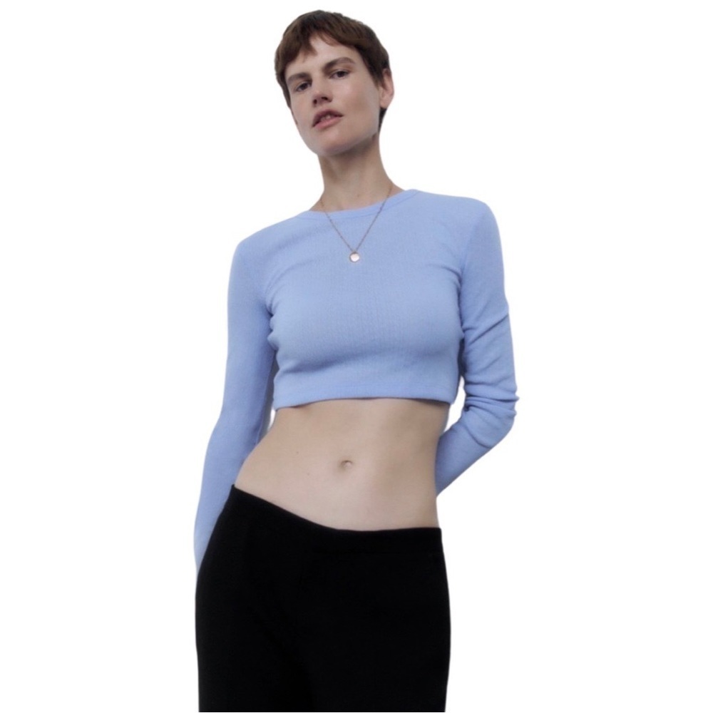 NWT ZARA TEXTURED CROP TOP BLUE Long Sleeves Round Neck Size L
